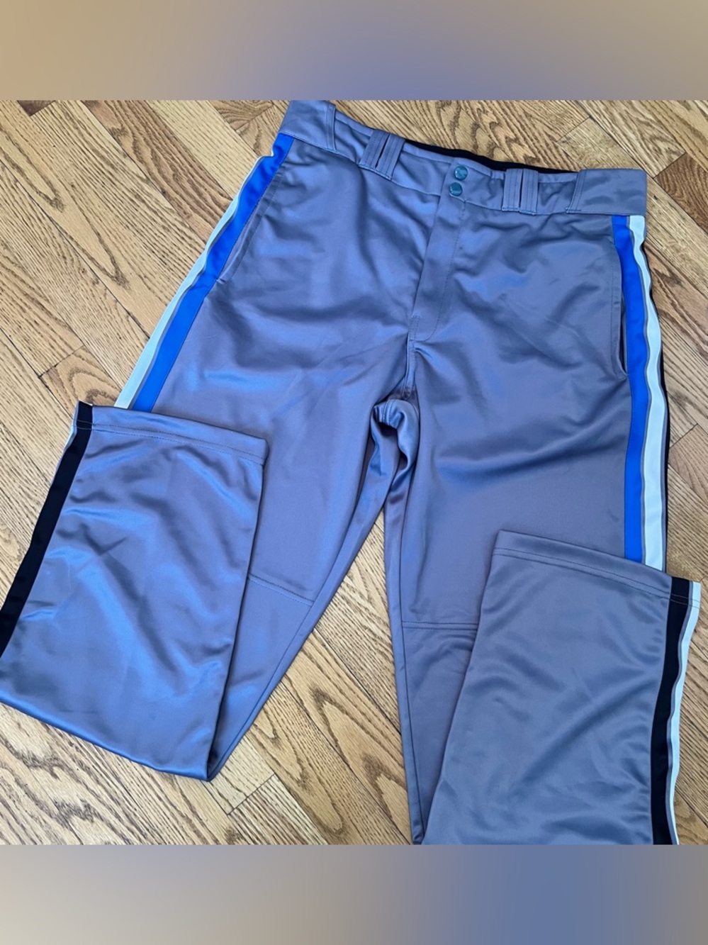 GS Sports Men's Baseball Pants Gray with Blue & White Stripes Size L Open Leg